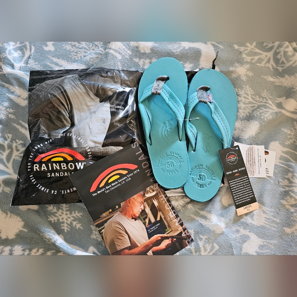 Rainbow Lmtd Edit. 50th Anniversary Handmade Teal Leather Women's Sandal Size 11